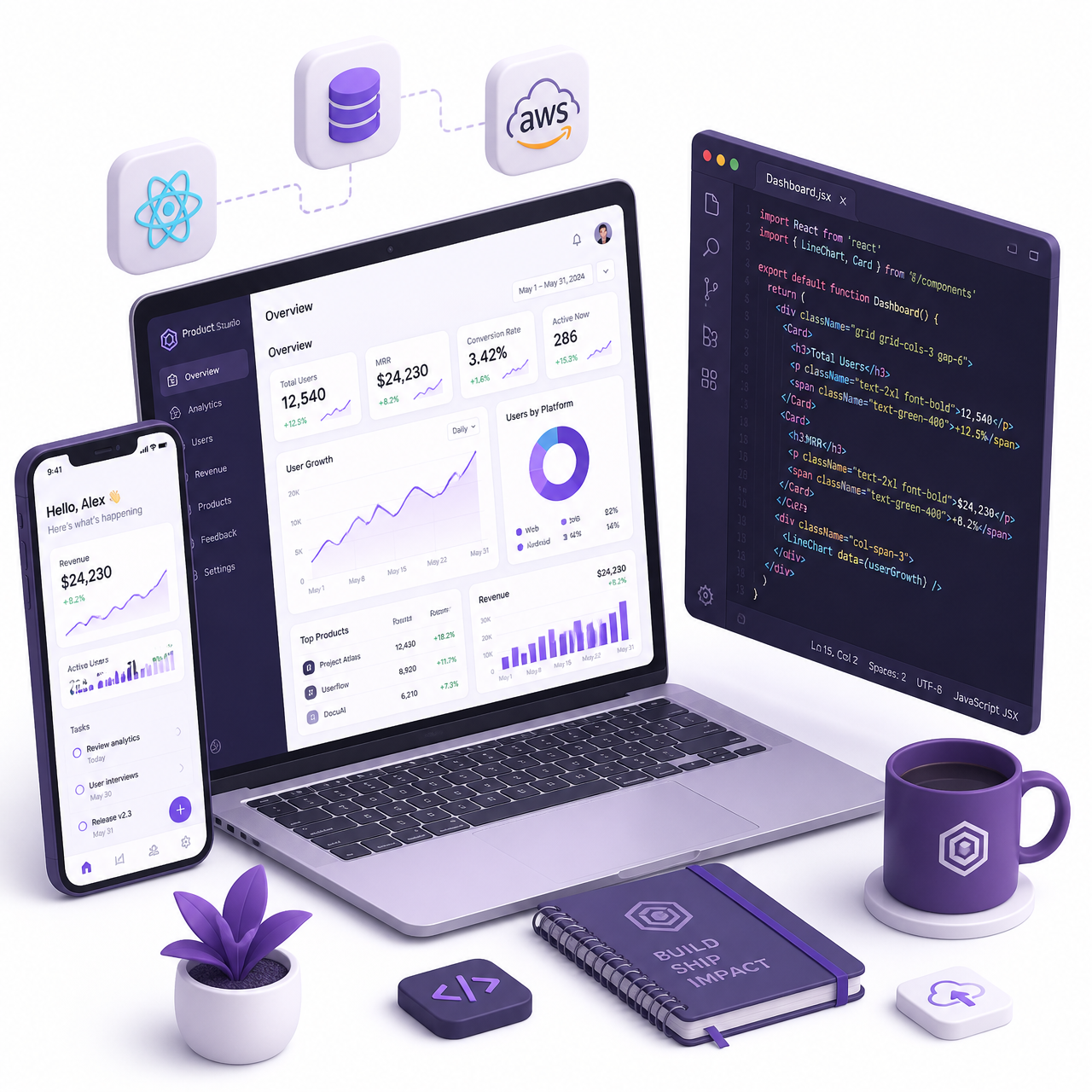 Isometric illustration of a Lenvy Technologies workspace showing a laptop with an analytics dashboard, a code editor, a mobile app mockup and floating React, database and cloud icons.